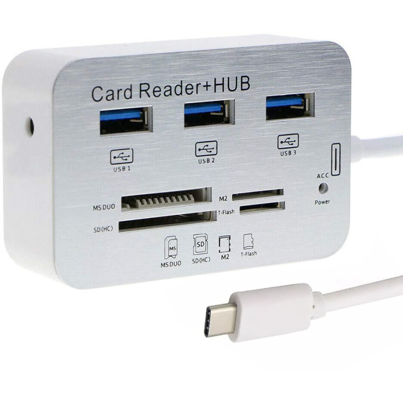 Hub USB 3.0 Type C vers Ports USB + Lecteur de cartes - Blanc