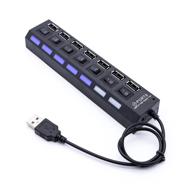 Hub USB 7 Ports USB 2.0 avec Interrupteur - Noir