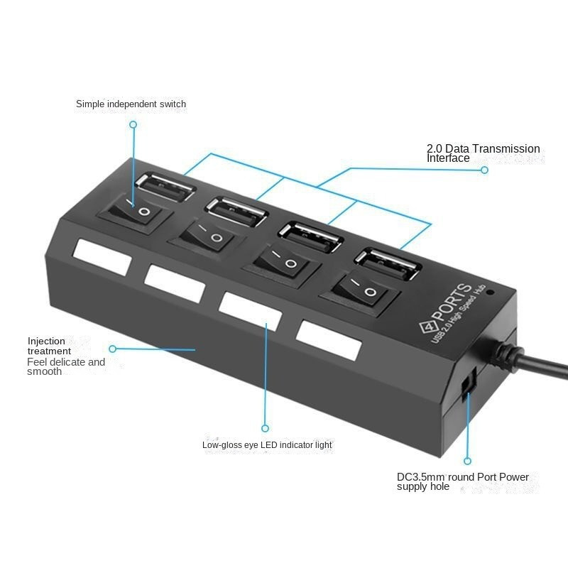 Hub USB 4 Ports USB 2.0 avec Interrupteur - Noir