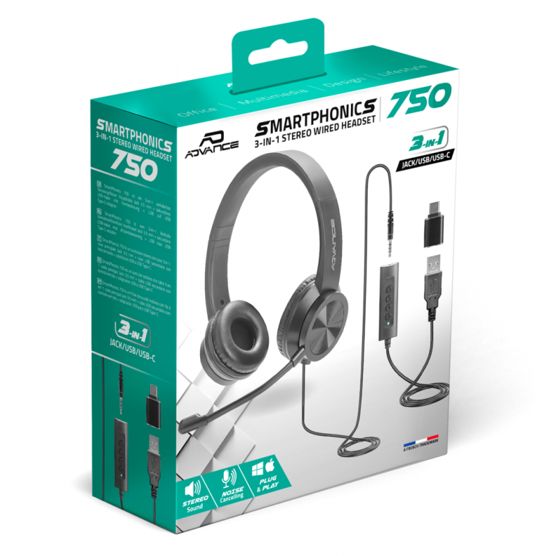 Casque Micro USB ADVANCE SMARTPHONICS 750 - 3 en 1 - Noir