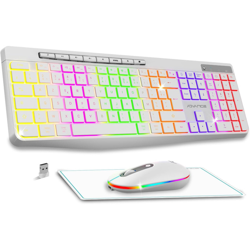 Combo Clavier et Souris sans Fil + Tapis ADVANCE CLS-3100WT RGB - Blanc