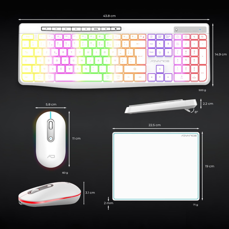Combo Clavier et Souris sans Fil + Tapis ADVANCE CLS-3100WT RGB - Blanc