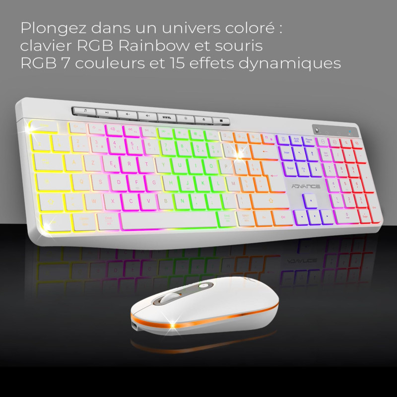Combo Clavier et Souris sans Fil + Tapis ADVANCE CLS-3100WT RGB - Blanc