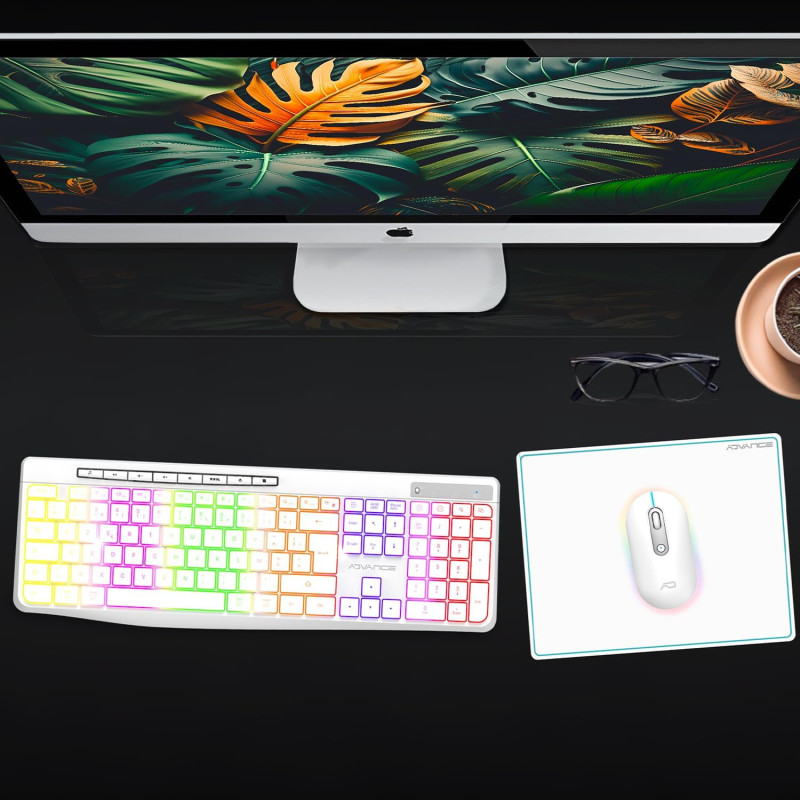 Combo Clavier et Souris sans Fil + Tapis ADVANCE CLS-3100WT RGB - Blanc